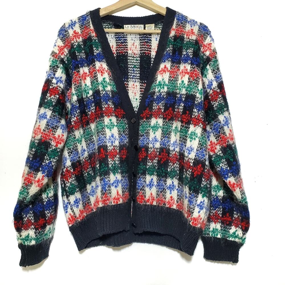 Vintage Le Moda Knitwear Hand Loomed Mohair Wool Blend Patterned Cardigan